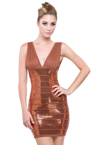 Nicki Mini Dress -  Sequin V-Neck Dress In Bronze